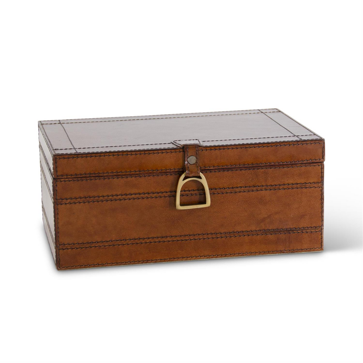 Brown leather box with decorative stitching and a brass stirrup latch closure.