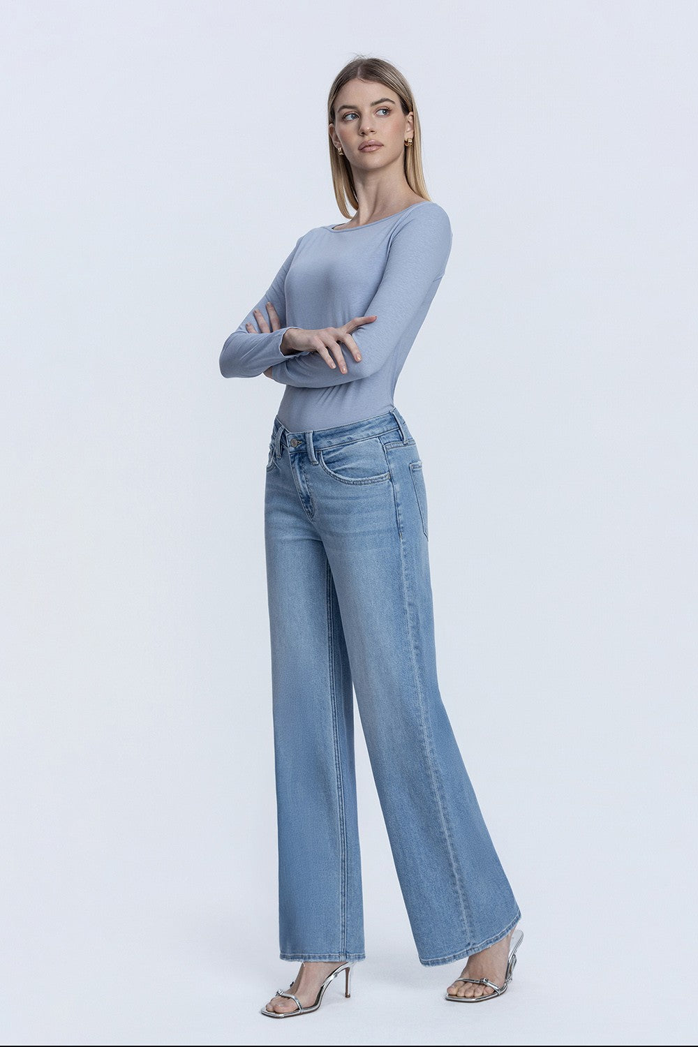 Natalie Mid Rise Full Length Medium Wash Wide Leg Jeans