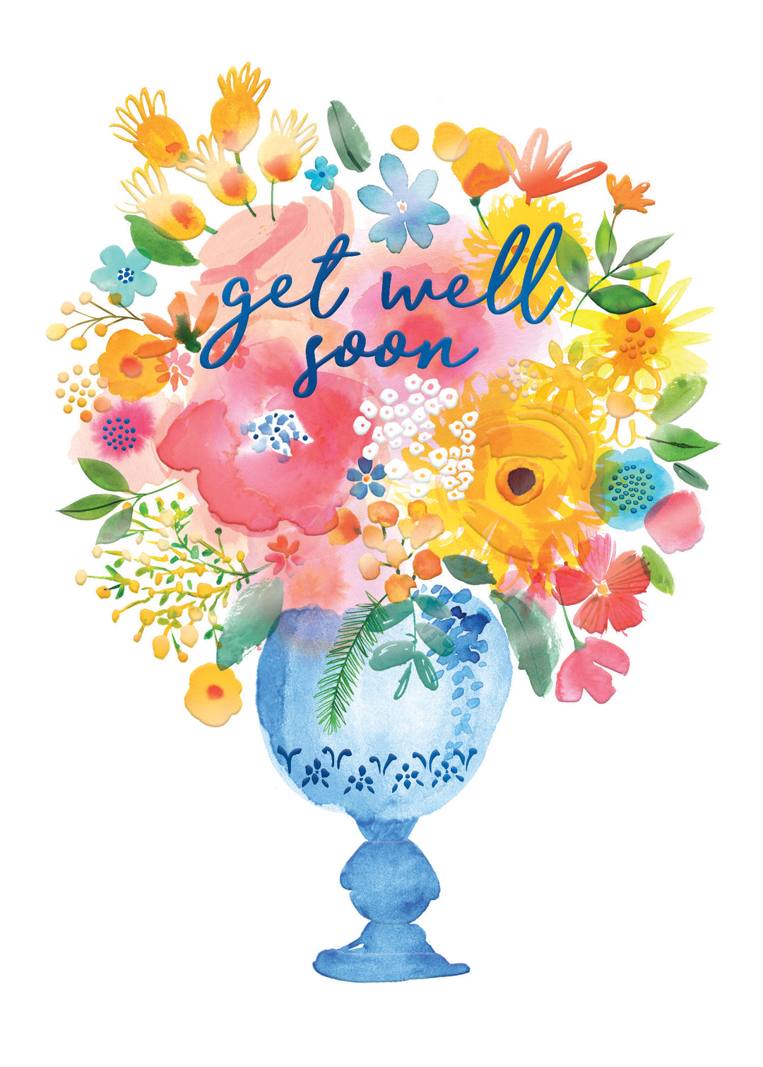 A watercolor illustration of a vibrant floral bouquet in a blue vase with the words "get well soon" written in script.
