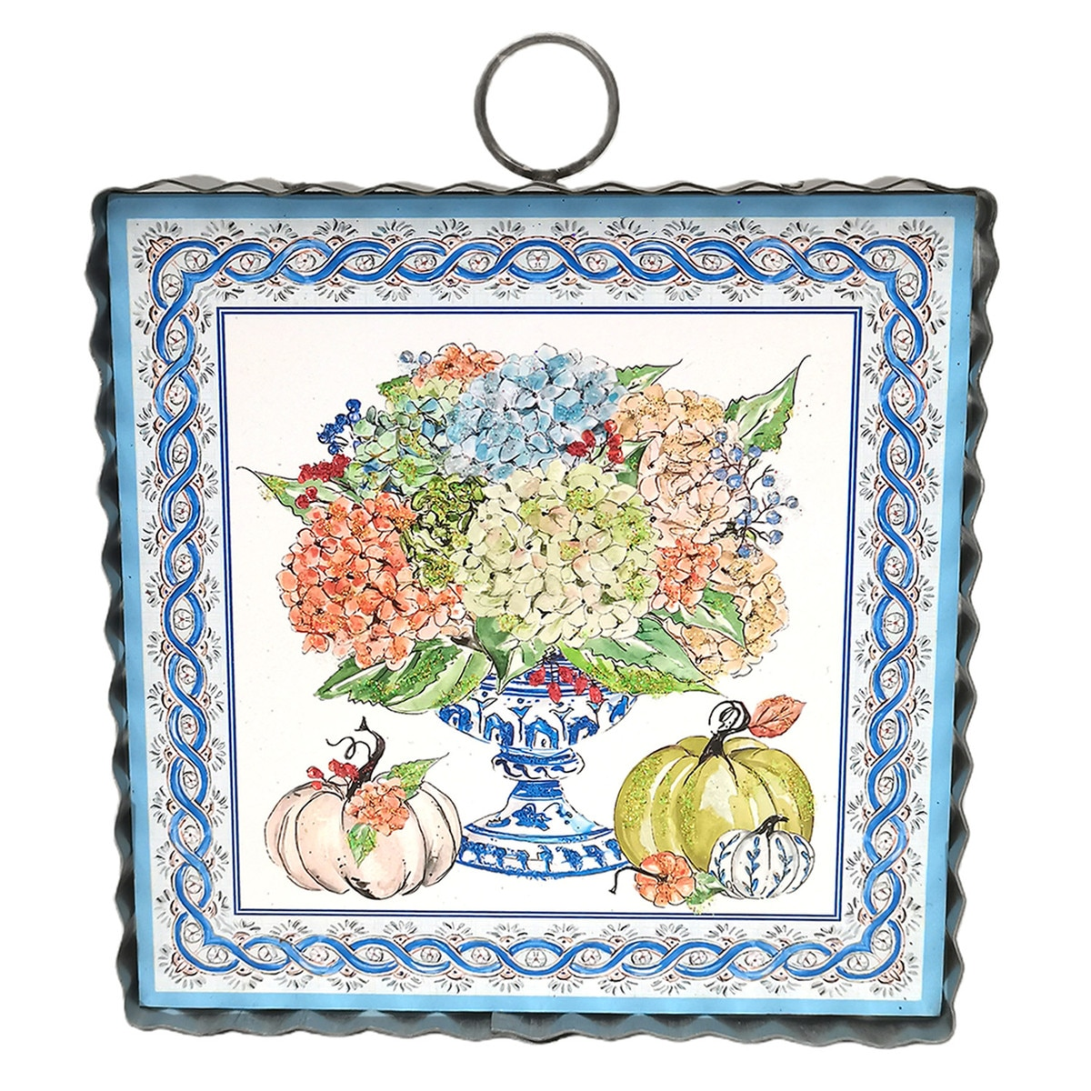 Mini Art Autumn Hydrangea wall hanging with floral vase and pumpkins in a scalloped metal frame.