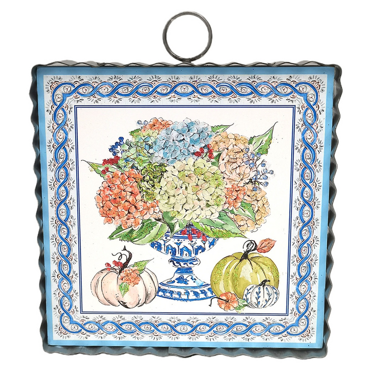 Mini Art Autumn Hydrangea wall hanging with floral vase and pumpkins in a scalloped metal frame.