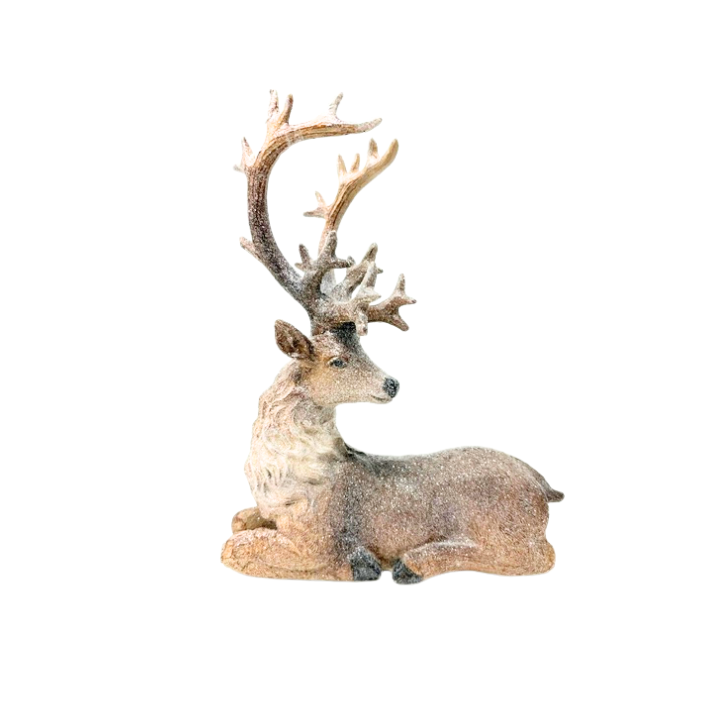 13.75-inch glitter snow deer figurine in a resting position with large antlers.