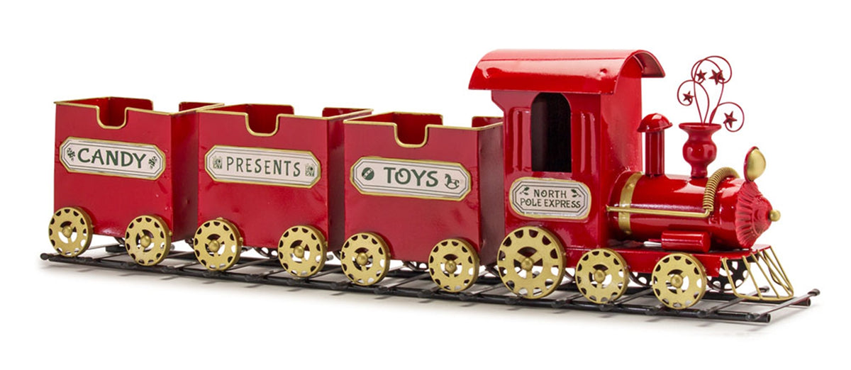 Train on Track wooden train set with track pieces in natural wood finish.
