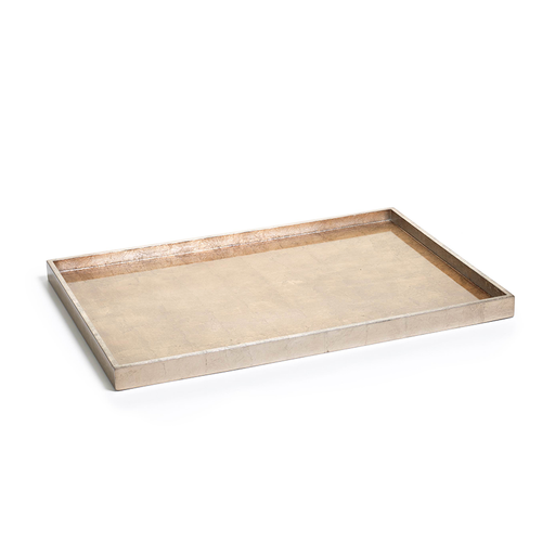 Antique gold serving tray with silver accents featuring a scalloped edge silhouette.