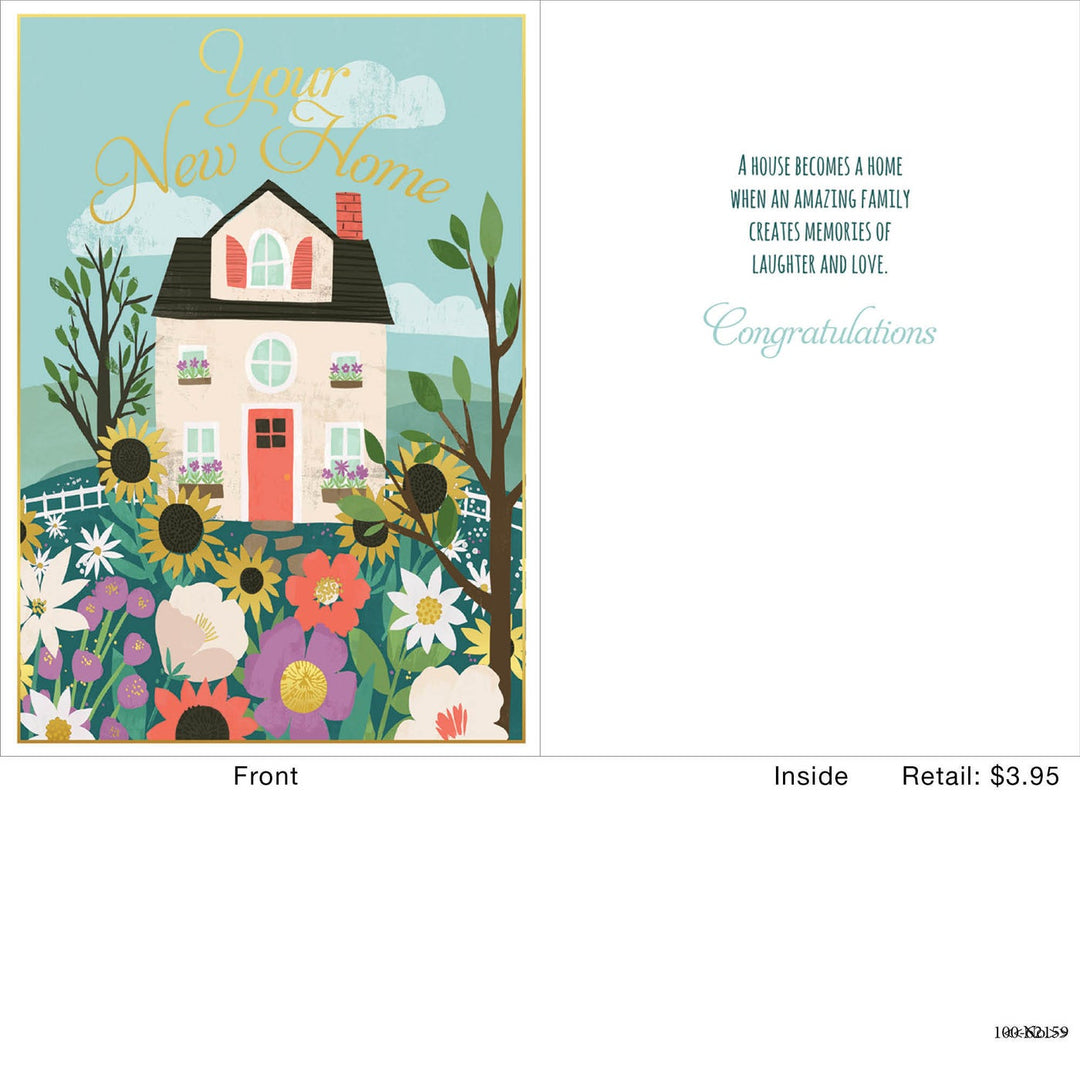 White greeting card featuring a house illustration with flower garden on front.