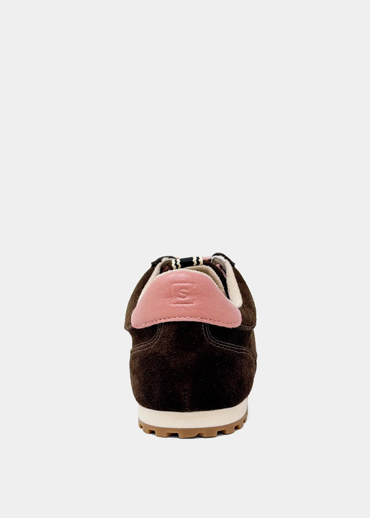 Rear view of the Sarah sneaker in dark brown suede with a pink heel accent and gum outsole.