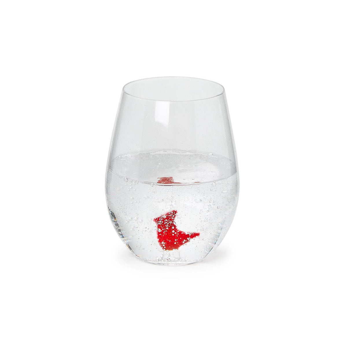 Red cardinal-shaped stemless wine glass made of clear glass holding 20 ounces.