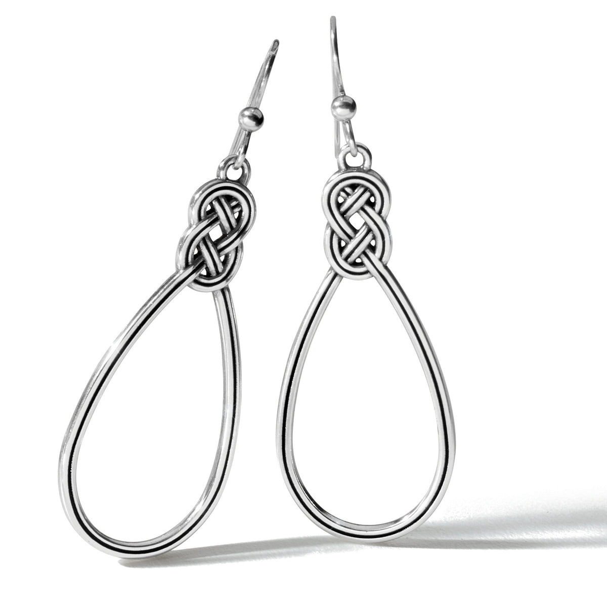 Silver plated Interlok French wire earrings featuring a Celtic knot design and teardrop shape.
