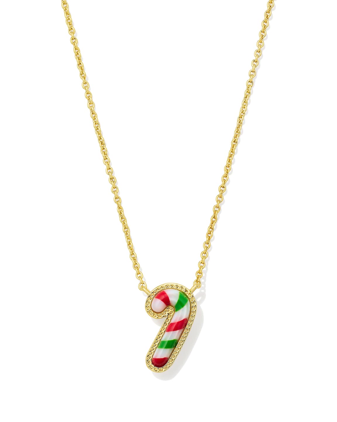 Gold short pendant necklace featuring a red, green, and white striped candy cane charm.