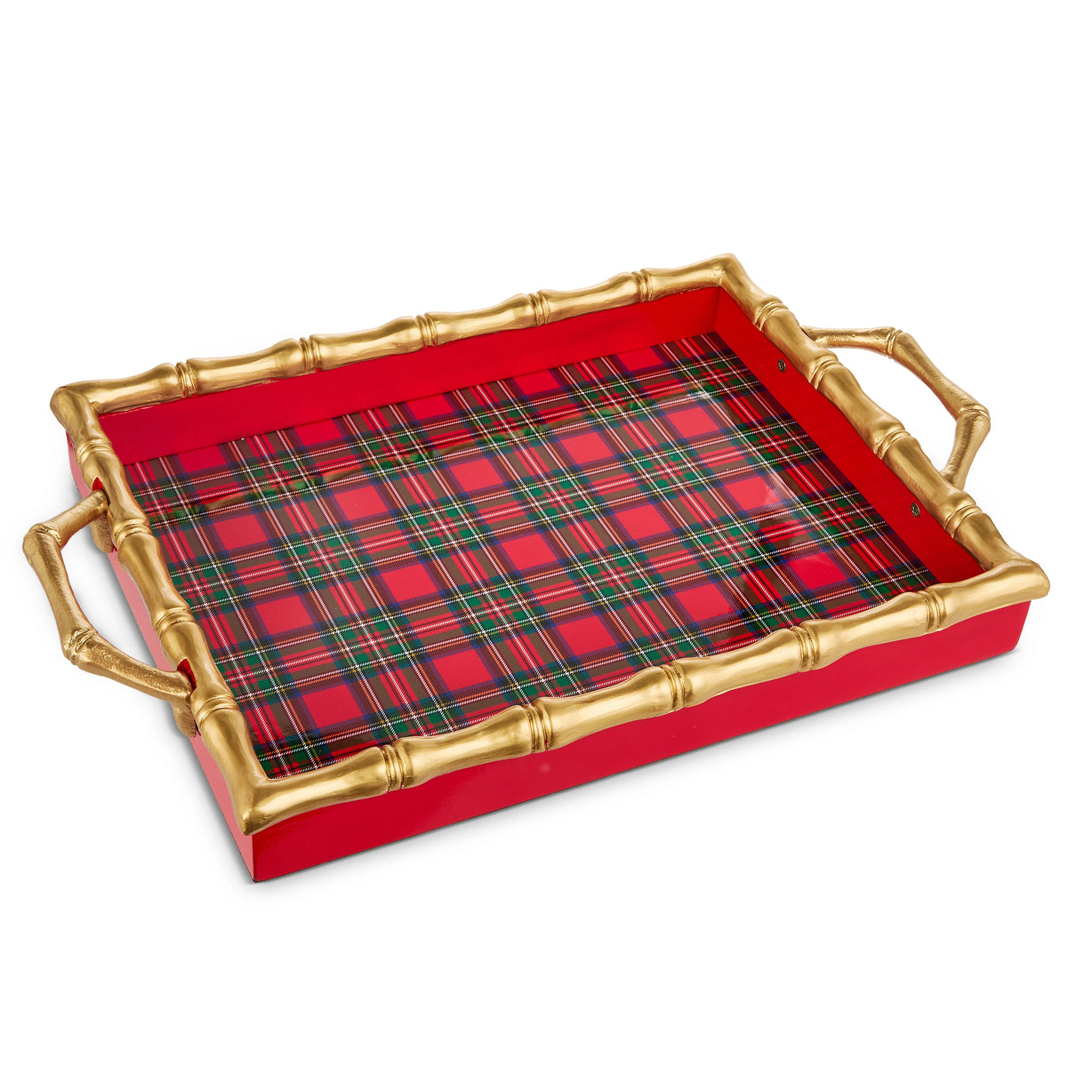 Rectangular red tray with a plaid interior and gold bamboo-style rim and handles.