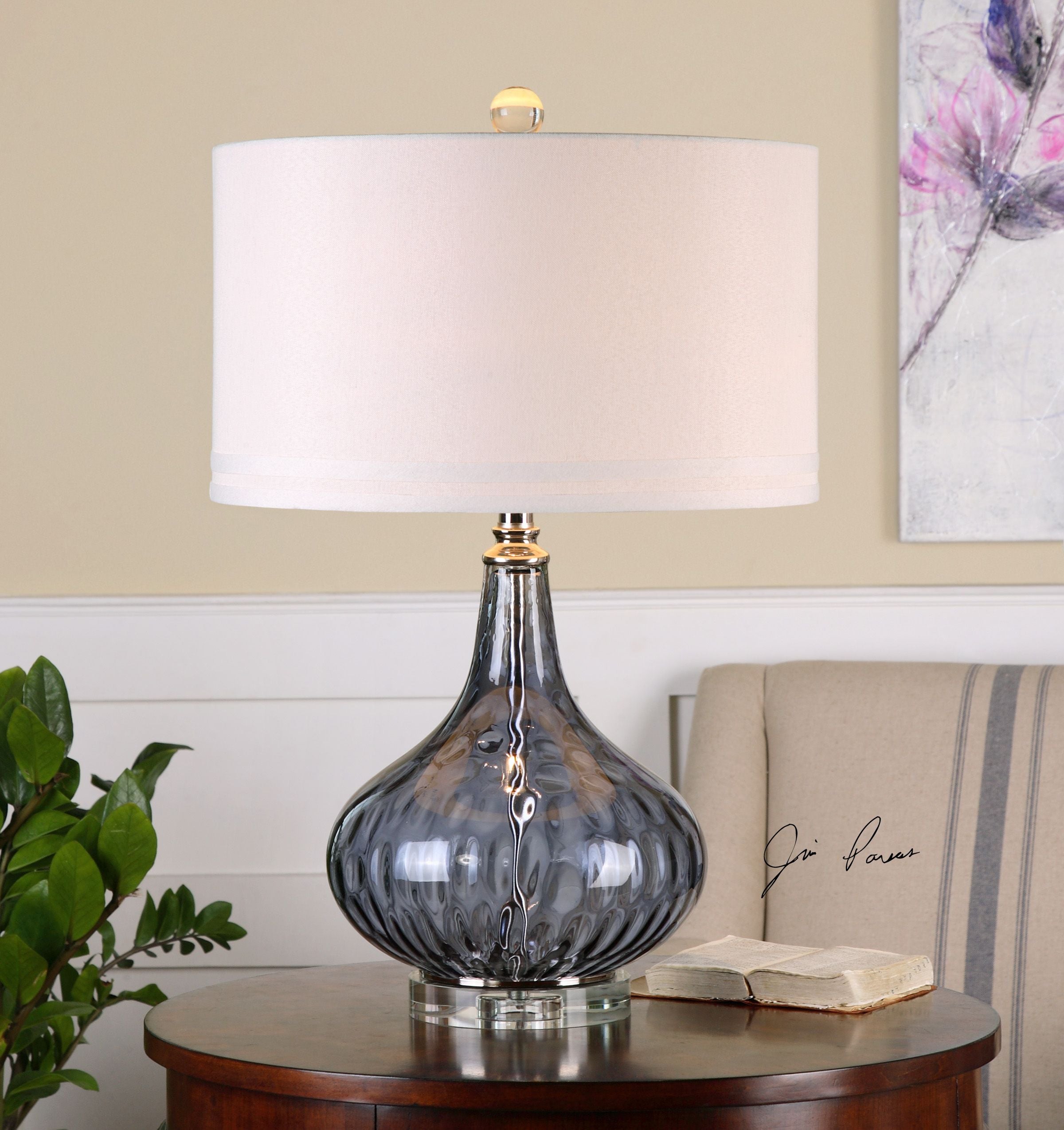 Sutera water glass table lamp with clear cylindrical shade and minimalist metal base