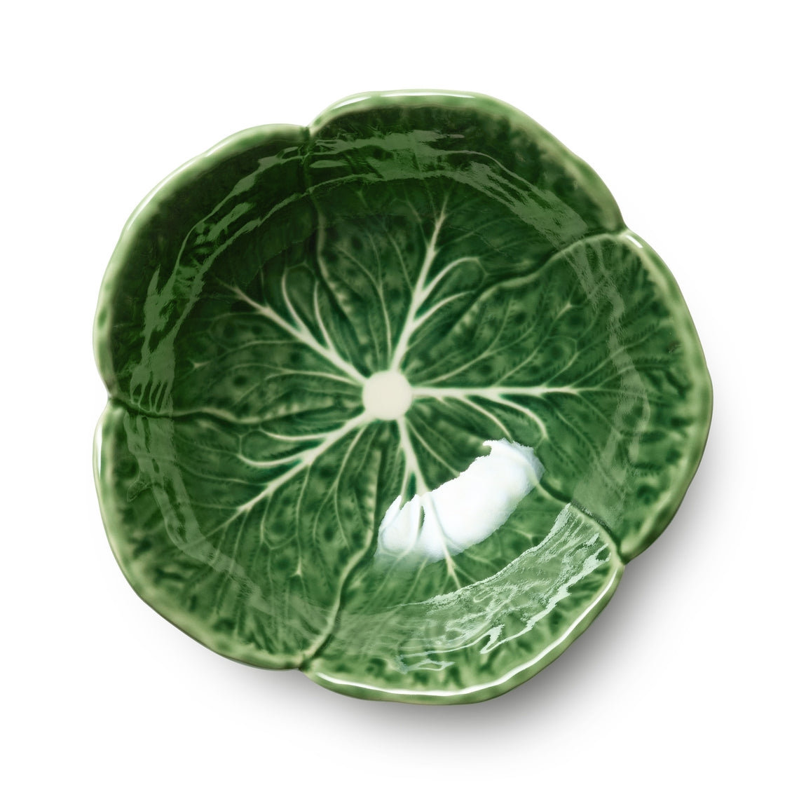 Le Jardin Cabbage ceramic cereal bowl with high-gloss green glaze and hand-detailed white veining.