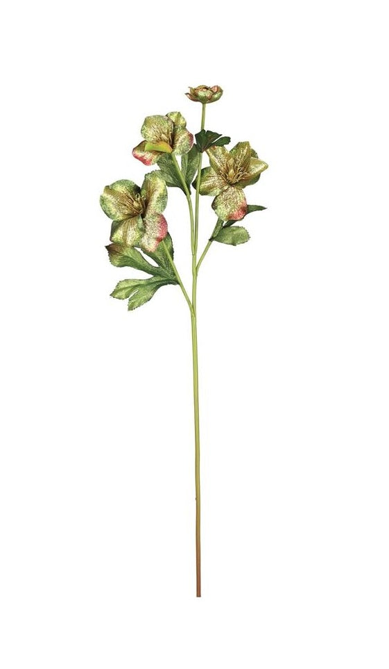 26-inch glitter helleborus spray with green and pink shimmering petals on a long green stem.
