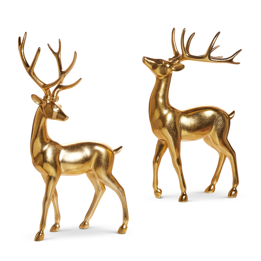 Two elegant gold resin deer figurines with large antlers, standing in different poses.