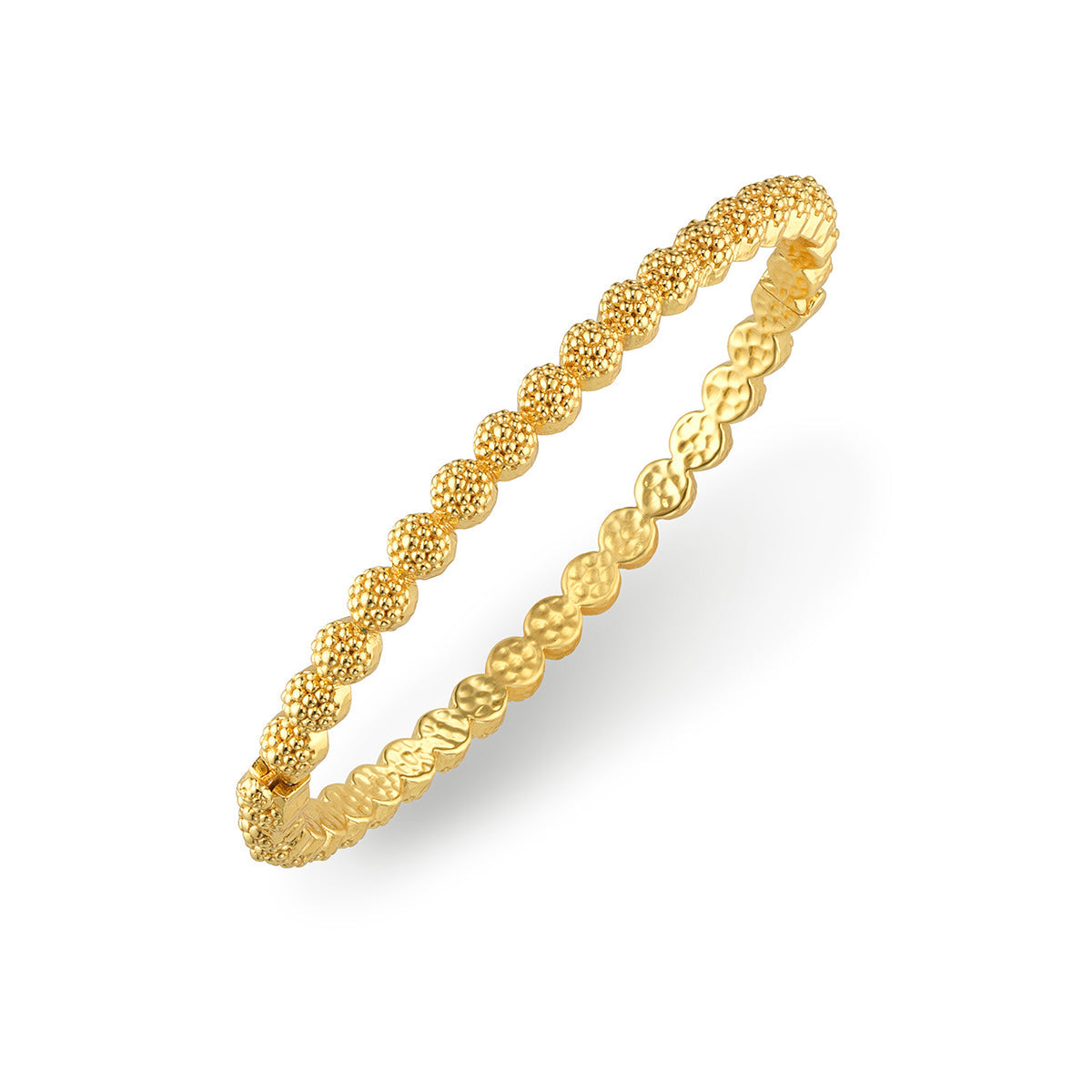 Gold hinged bangle bracelet with berry-colored enamel accents.