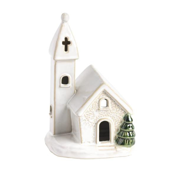 Ceramic Church Sitter with pressed lace texture, reactive glaze, and a small green tree.