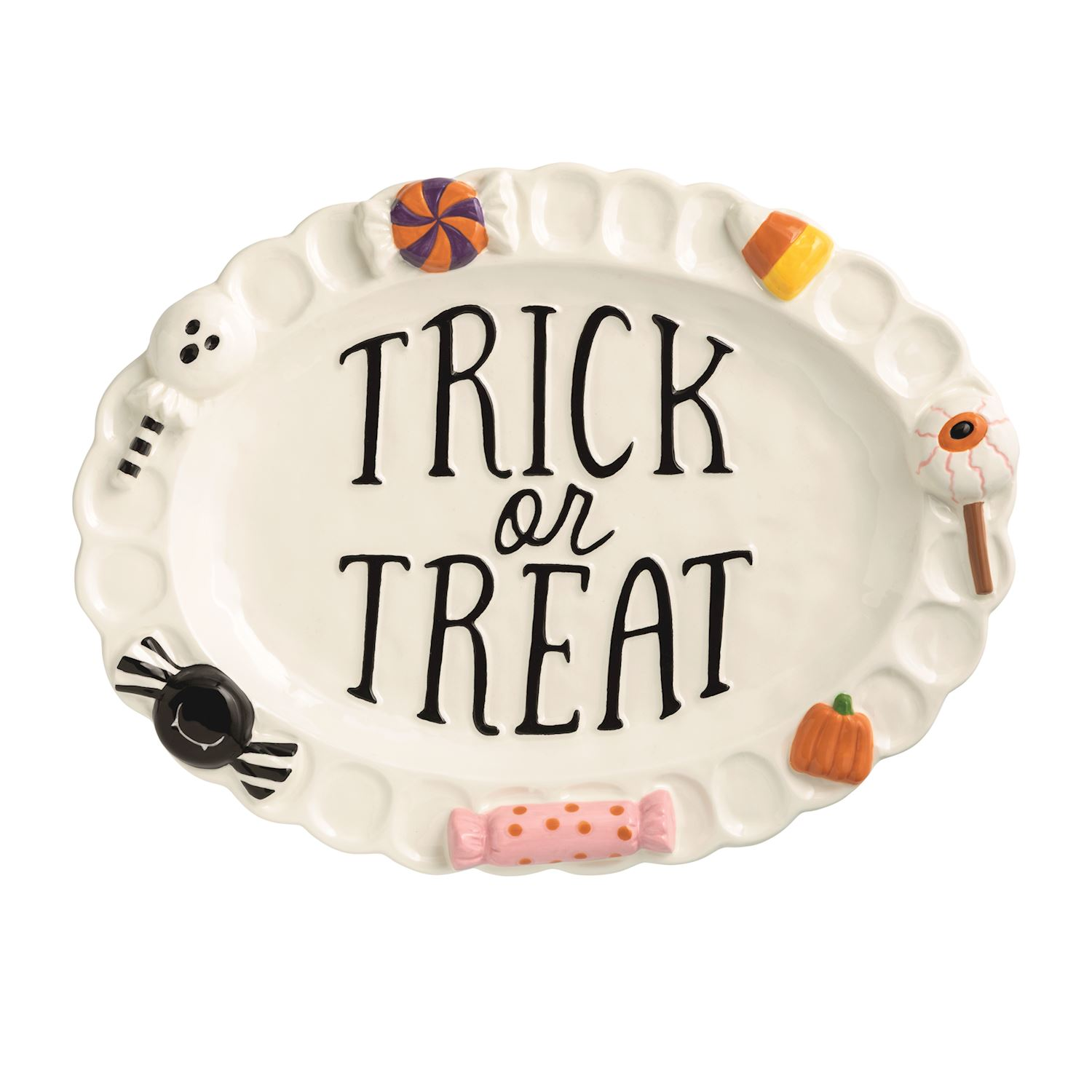 Oval white ceramic Halloween candy platter with 'TRICK or TREAT' text and festive 3D icons.