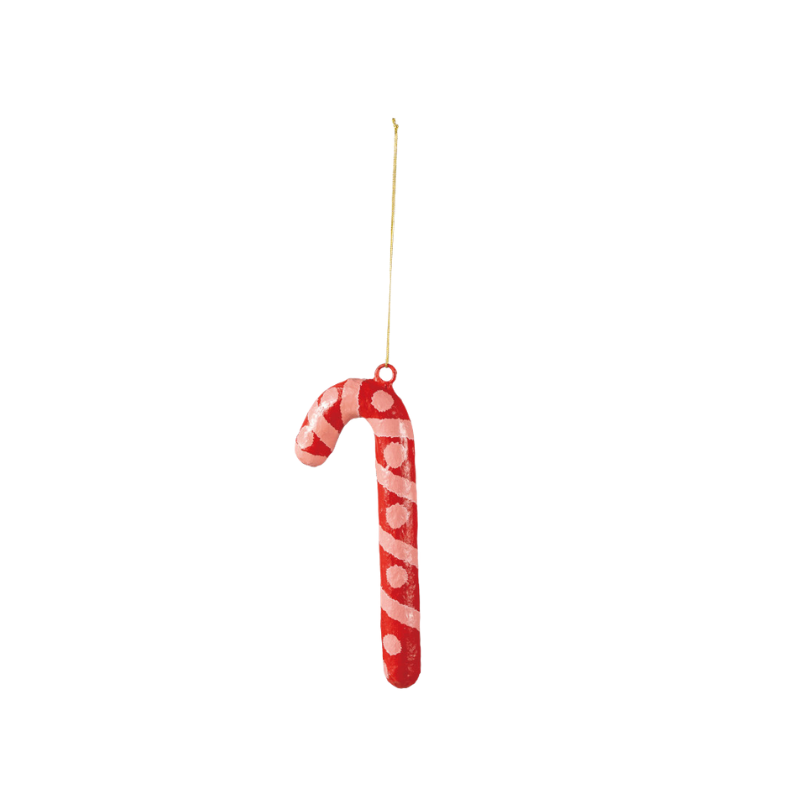 Red and pink striped metal and paper mache candy cane ornament with a gold hanging string.