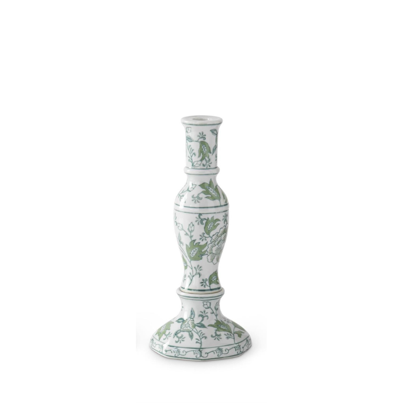 Green and white floral ceramic taper candleholder with elegant botanical patterns.
