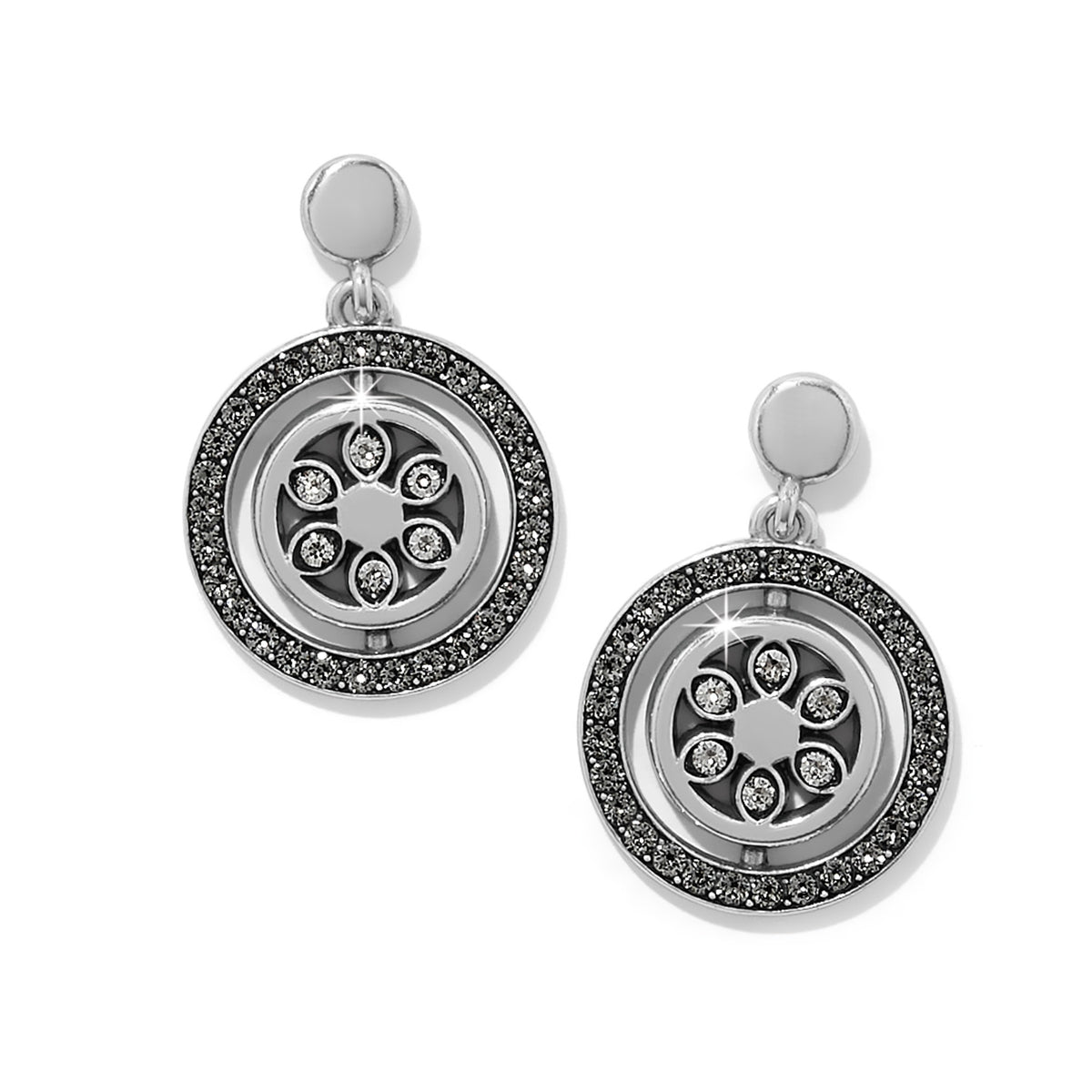 Flora Petite Silver Post Drop Earrings featuring a circular design with crystal-encrusted borders.