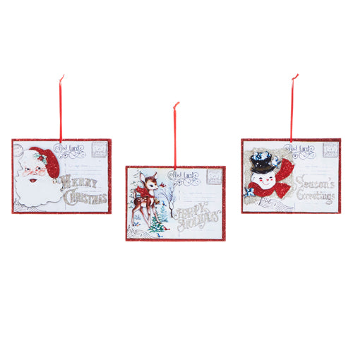 Vintage-style paper ornament shaped like a postcard with classic typography.
