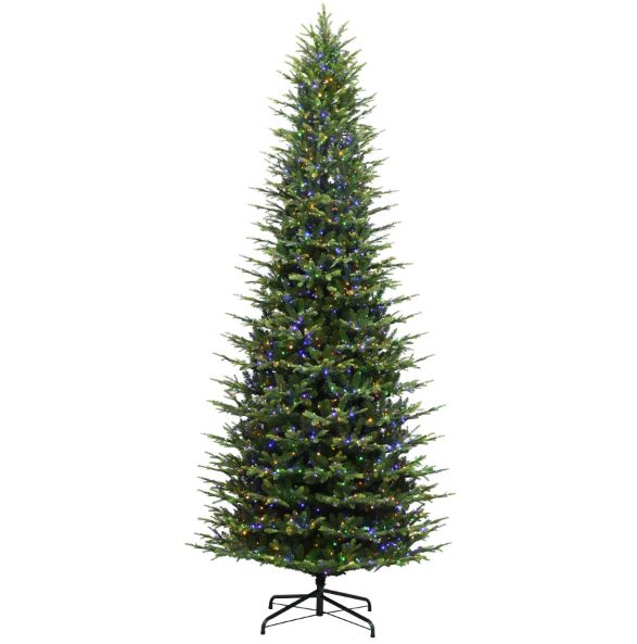 12' Mid King Pine Tree with sparkle color change rice lights and a black metal stand.