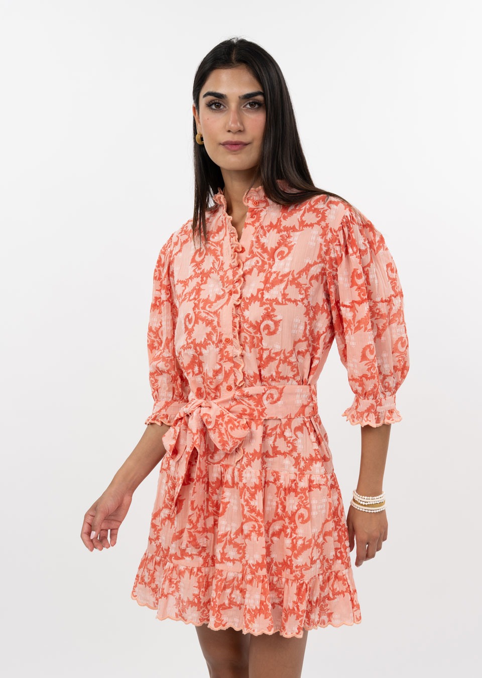 Sarah Pretty Paisley Dress in floral print with a flowing A-line silhouette made from stretchy polyester and spandex blend fabric.