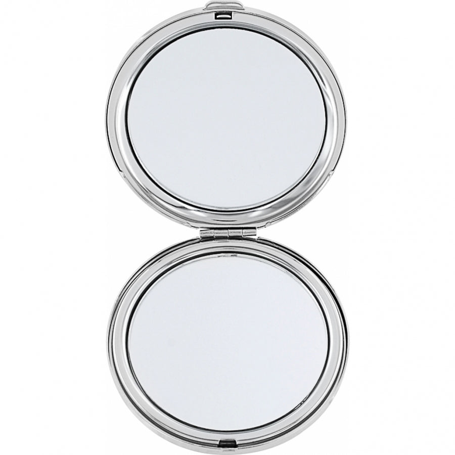 Silver-plated compact mirror with red accents, clasp closure, and side magnification.