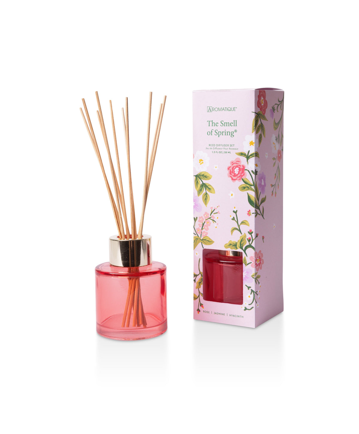 Pink glass mini diffuser bottle with six-inch reeds; fragrance notes include pineapple, hyacinth, jasmine, rose, balsamic, and vanilla.