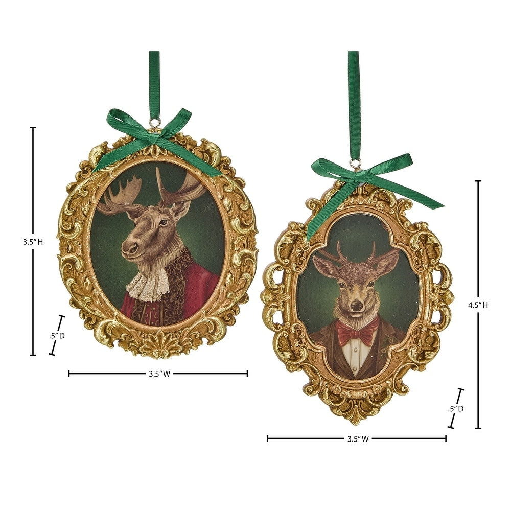 Two resin framed deer bust ornaments with ornate gold frames and green ribbons, sold individually.