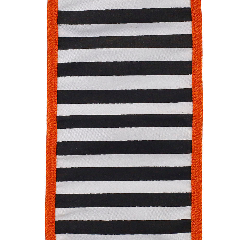4 inch wide black and white railroad striped ribbon with a heavy wired orange edge.