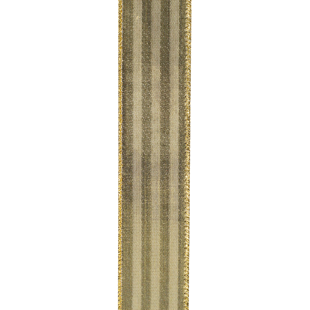 Striped sparkle fused metallic ribbon with black and white stripes and gold wired edges.