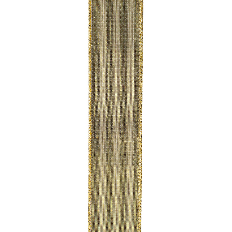 Striped sparkle fused metallic ribbon with black and white stripes and gold wired edges.