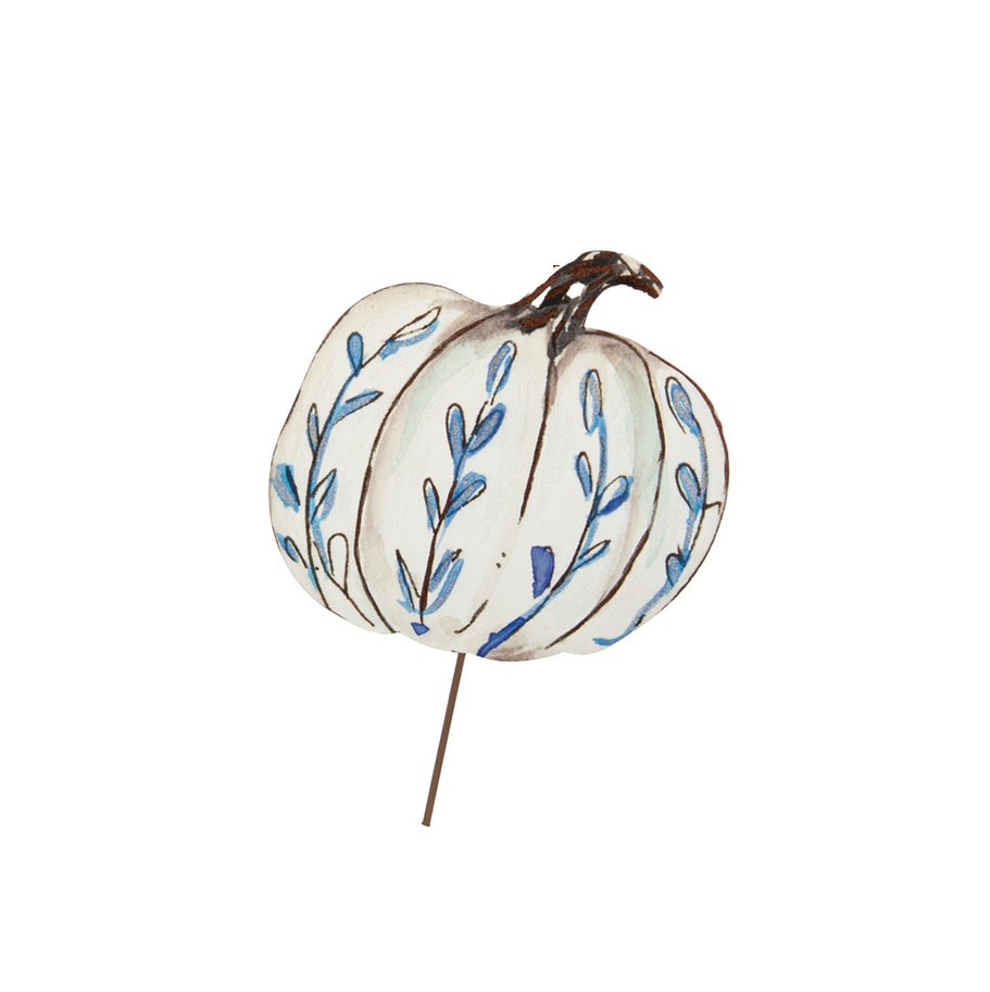 Blue and white pumpkin stake decoration with classic fall colors.