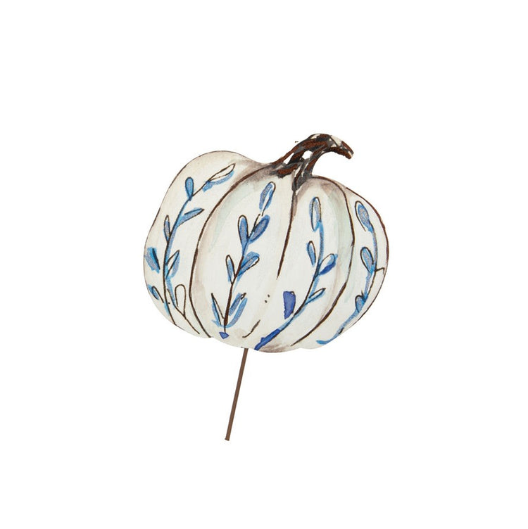 Blue and white pumpkin stake decoration with classic fall colors.