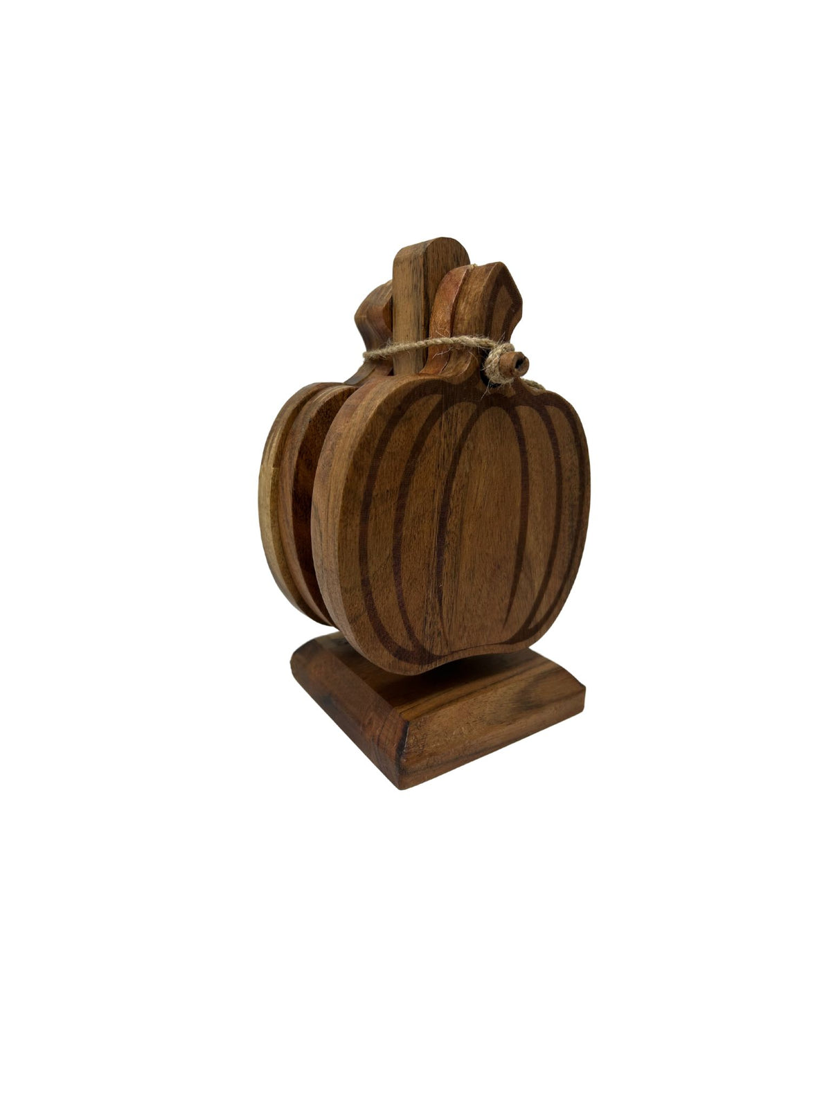 Set of four brown wooden pumpkin-shaped coasters with a natural wood grain finish.