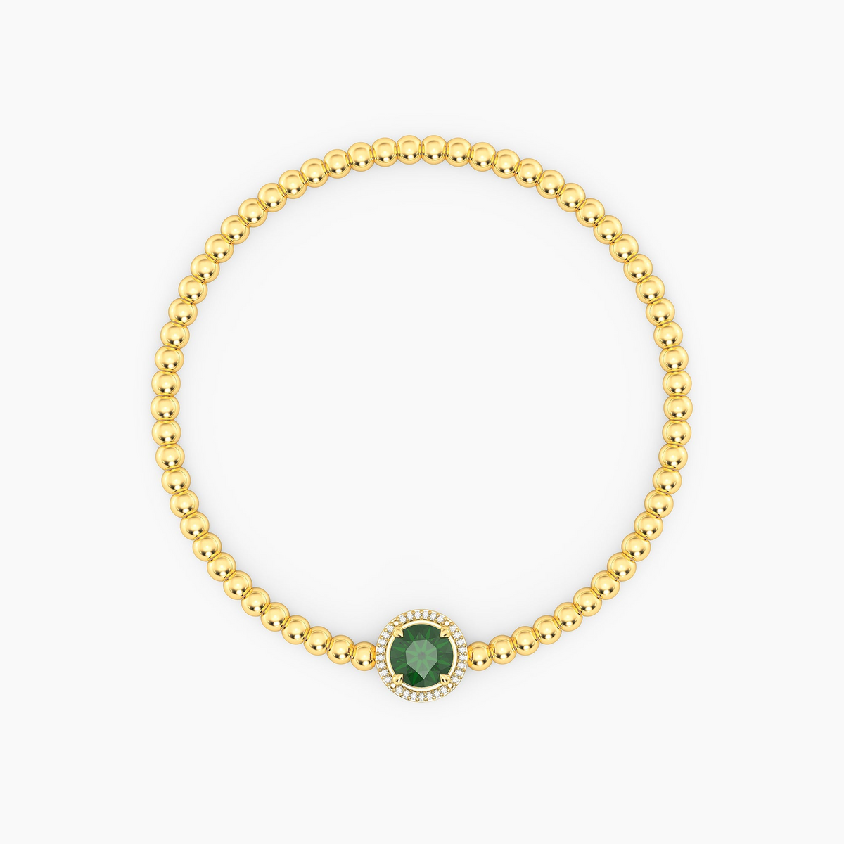 Gold-plated beaded bracelet with a round green center stone and a diamond halo.