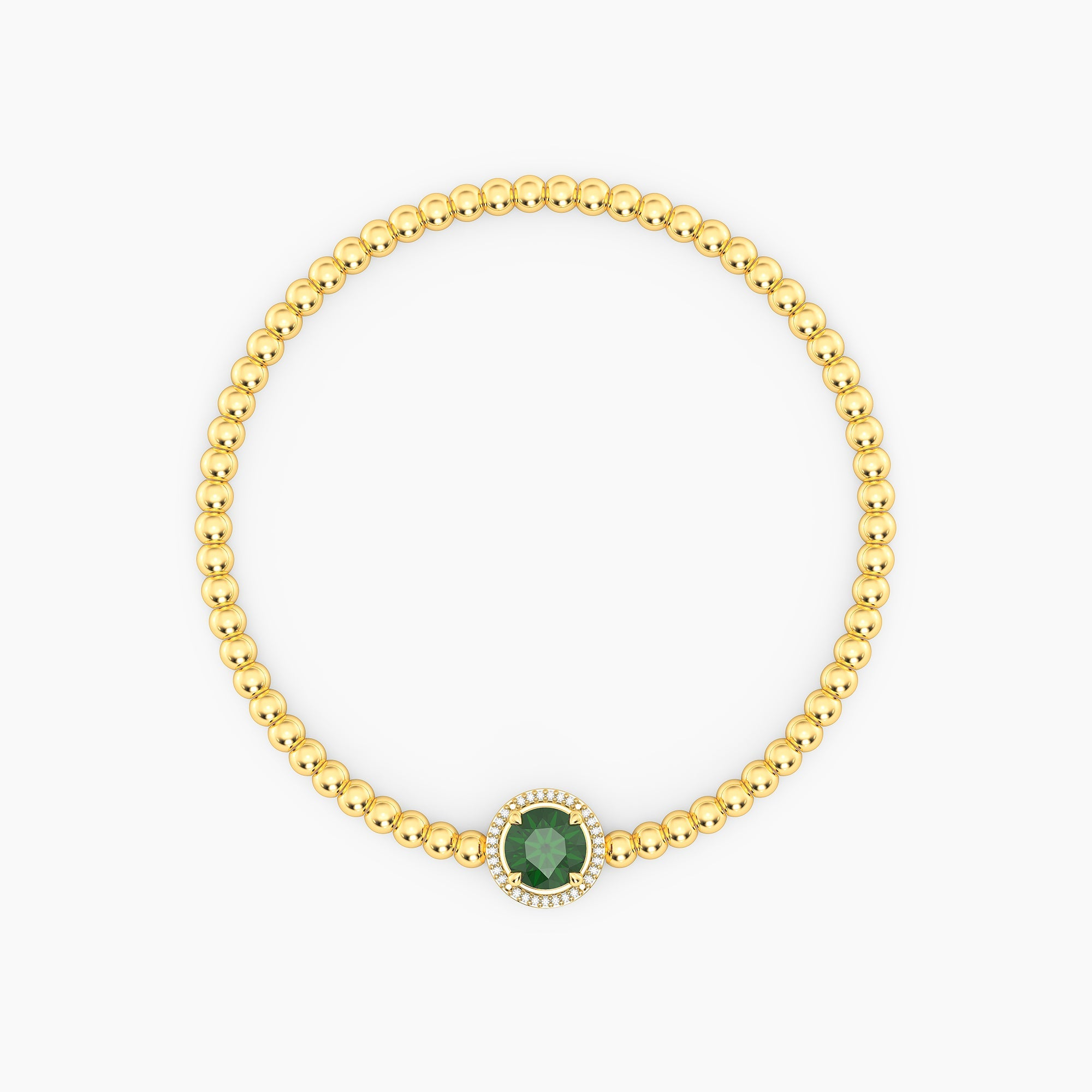 Gold-plated beaded bracelet with a round green center stone and a diamond halo.