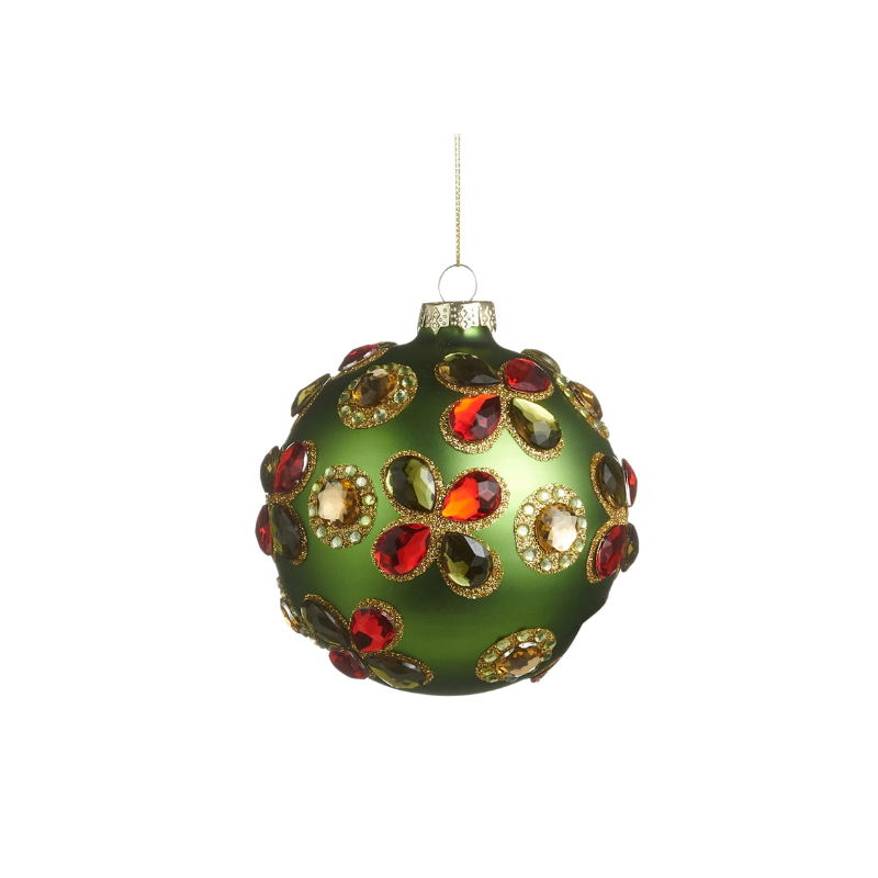 5-inch green glass Christmas ornament with red, amber, and green jewel flower accents.