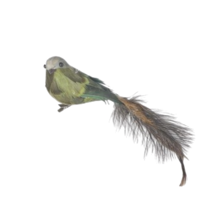 14-inch Deer Valley feather bird clip ornament in brown and green with a long feathery tail.