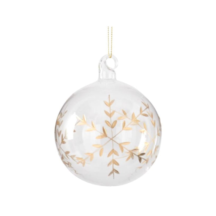 Round clear glass ornament with a delicate gold etched snowflake design and a gold hanging string.