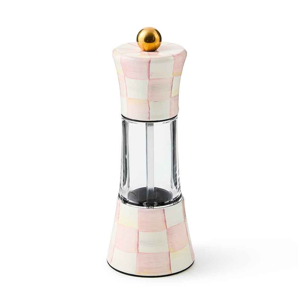 Hand-glazed steel coffee grinder with mocha check acrylic body