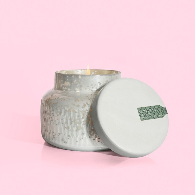 White Mercury etched crystal pine signature jar candle with a cylindrical glass silhouette.