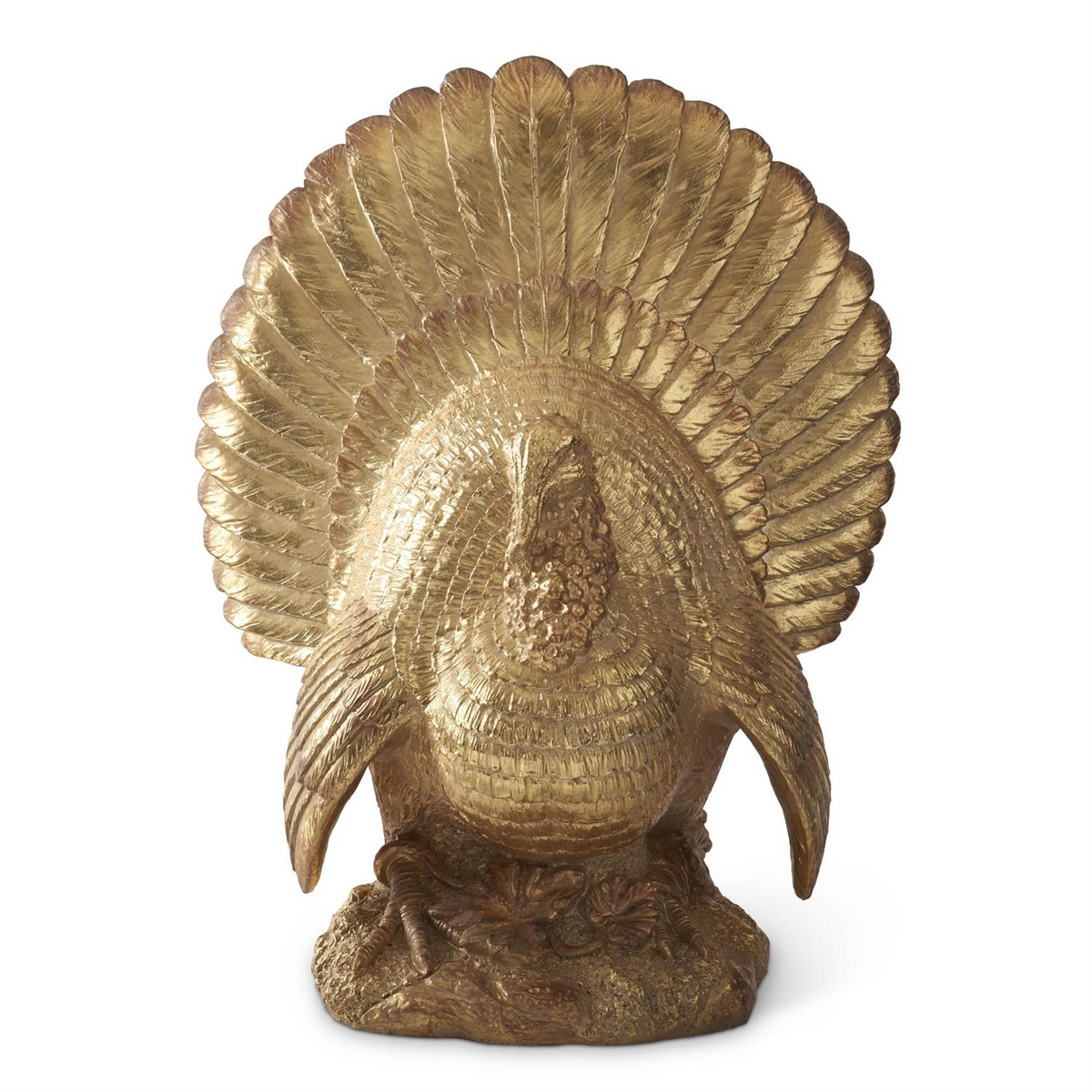 18.25-inch gold resin turkey figurine with detailed feathers and an antique finish.