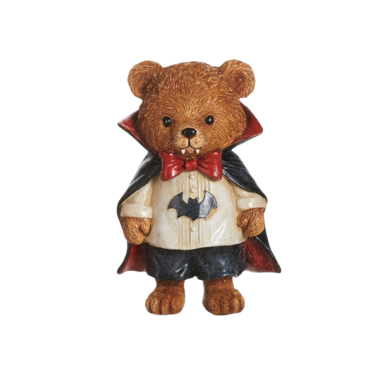 5.75-inch resin teddy bear figurine dressed in a vampire costume with a black cape and red bow tie.