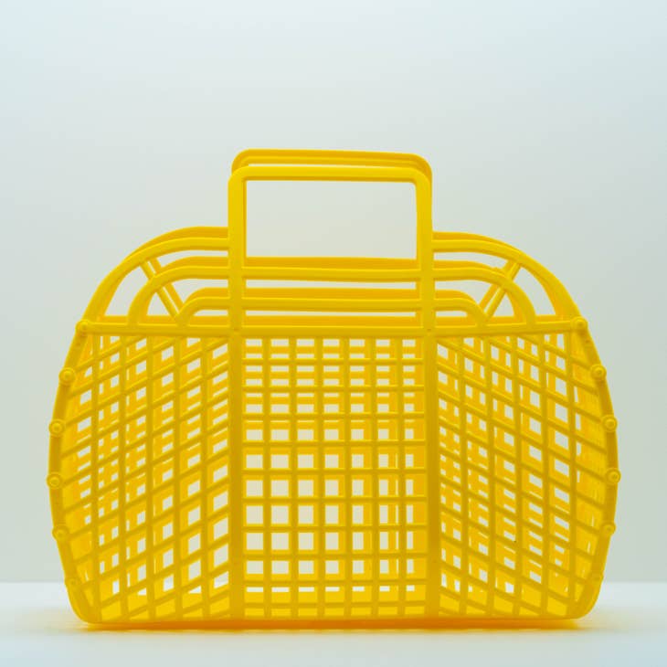 Large retro jelly basket in translucent blue with snap-bead construction.