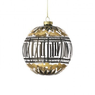 5-inch glass ball ornament featuring gold leaf accents and black Roman numerals.
