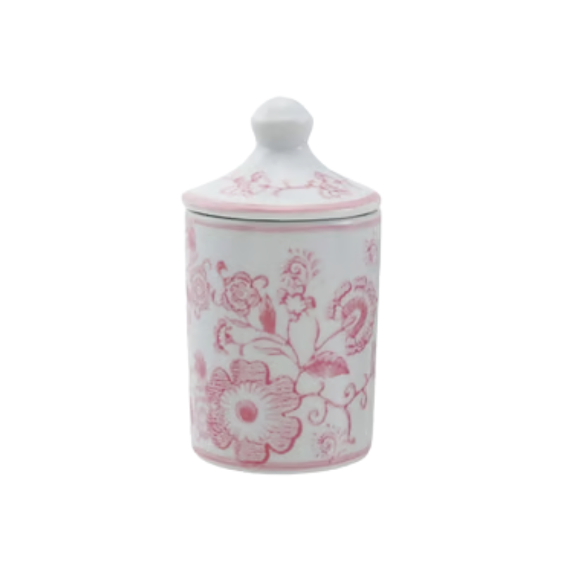 Hand-stamped pink floral stoneware spice jar with a matching lid.
