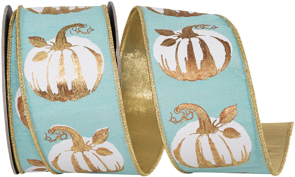 White gilded pumpkin design on teal wired edge ribbon with gold metallic trim.