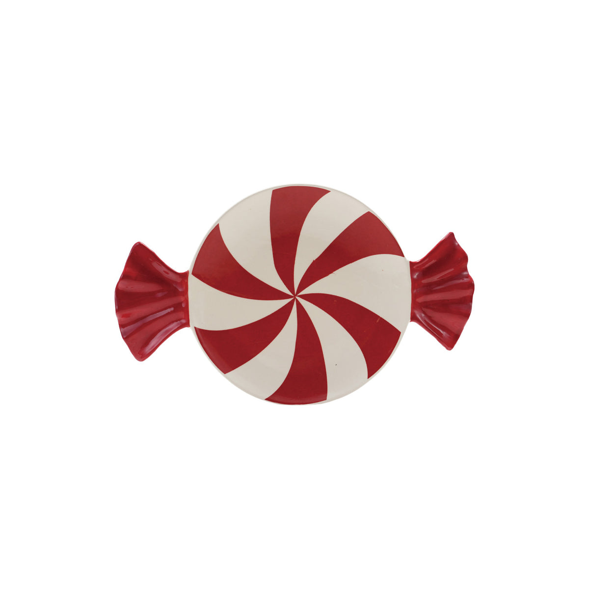 Hand-painted ceramic candy-shaped plate with red and white peppermint swirl design.